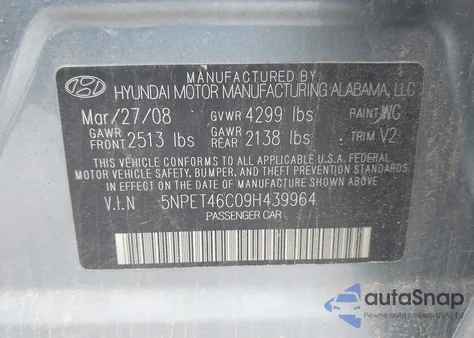 2009 Hyundai Sonata Gls z USA, uszkodzony, nr VIN 5NPET46C09H439964